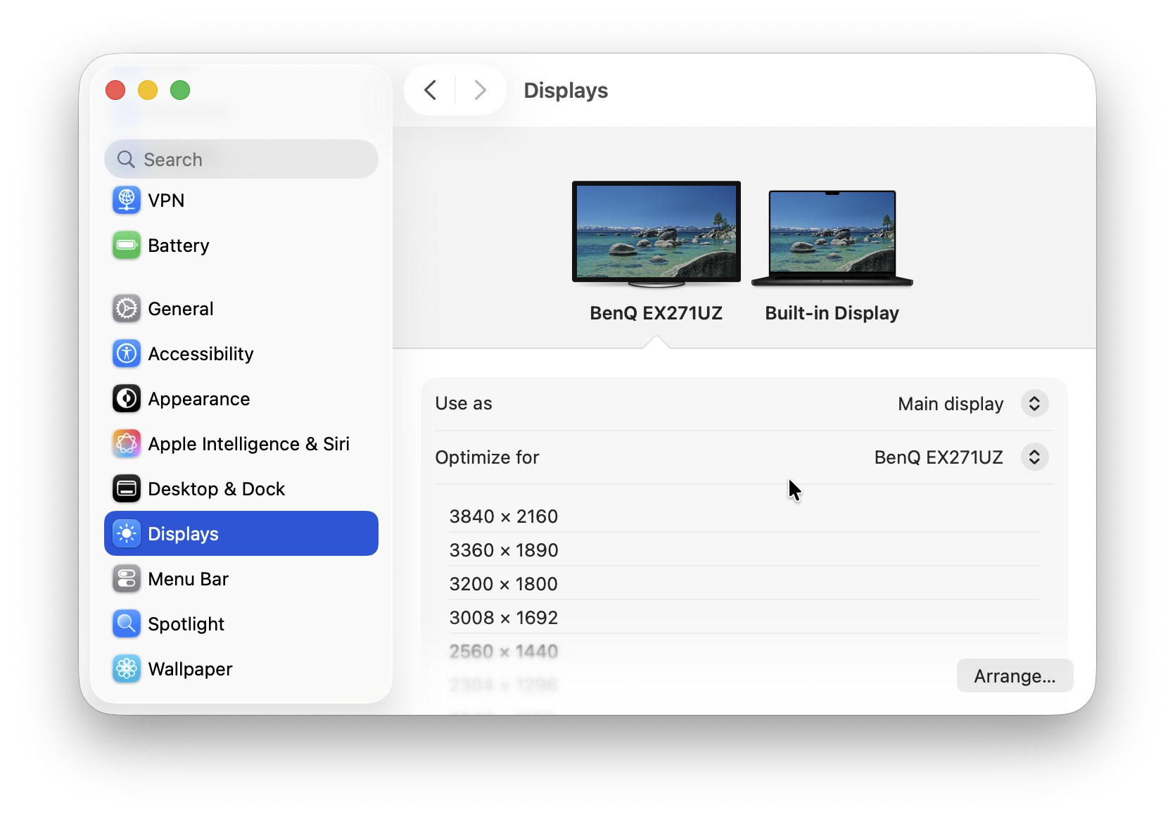 BenQ MOBIUZ EX271UZ resolution settings connected to macbook pro