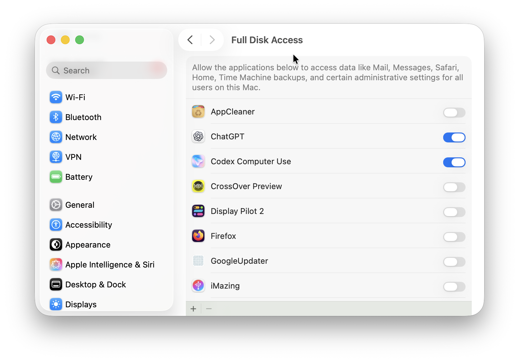 chatgpt and codex disk access mac