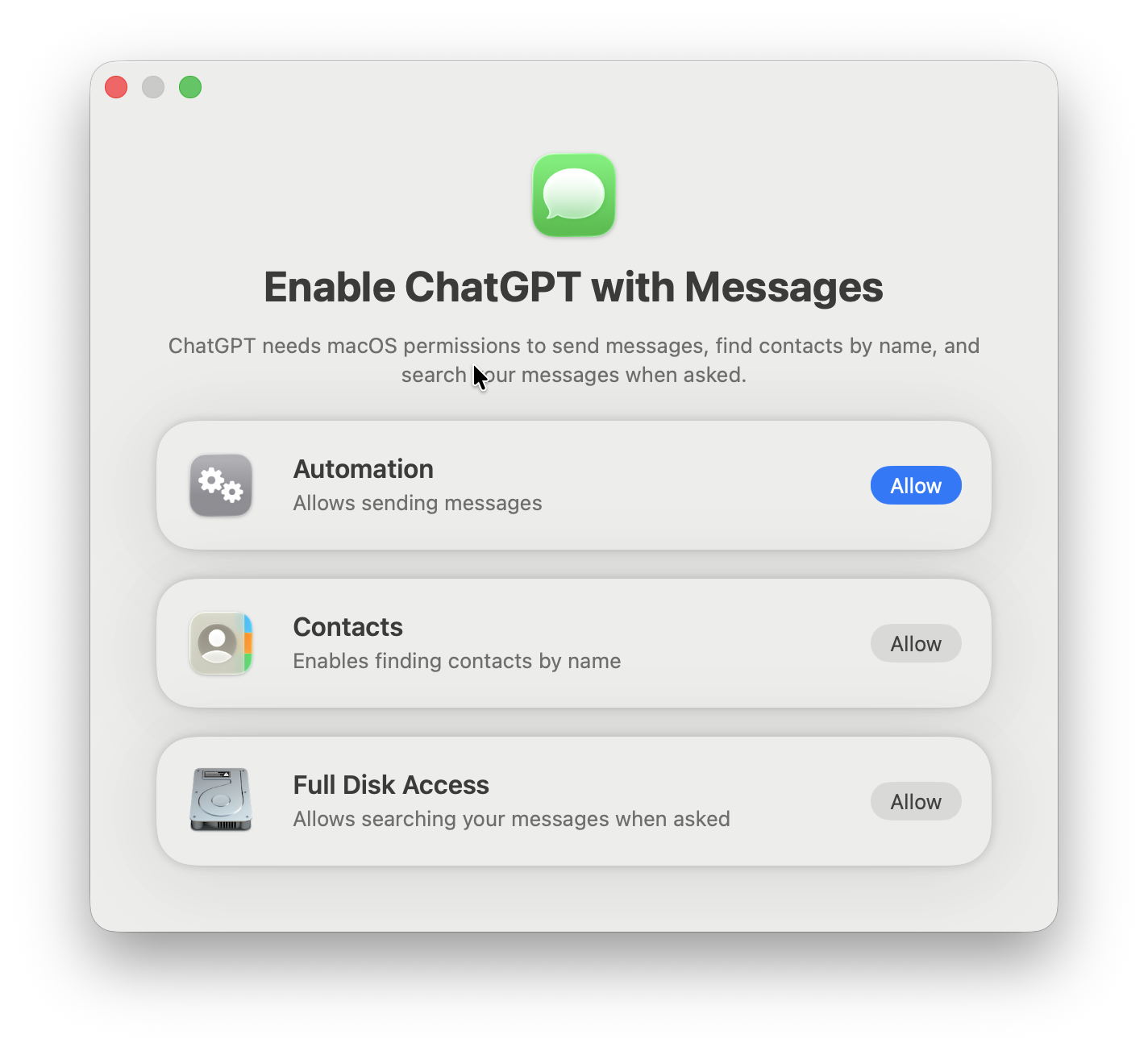 chatgpt messages plugin mac permissions