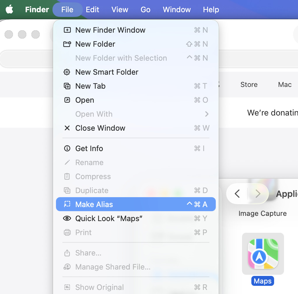 create alias on a mac via file menu