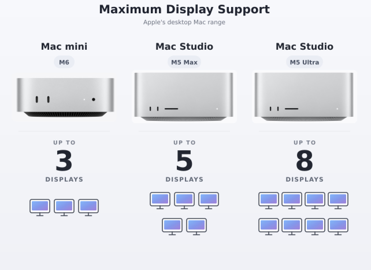 Maximum display support for the M6 Mac mini, M5 Max Mac Studio and M5 Ultra Mac Studio.