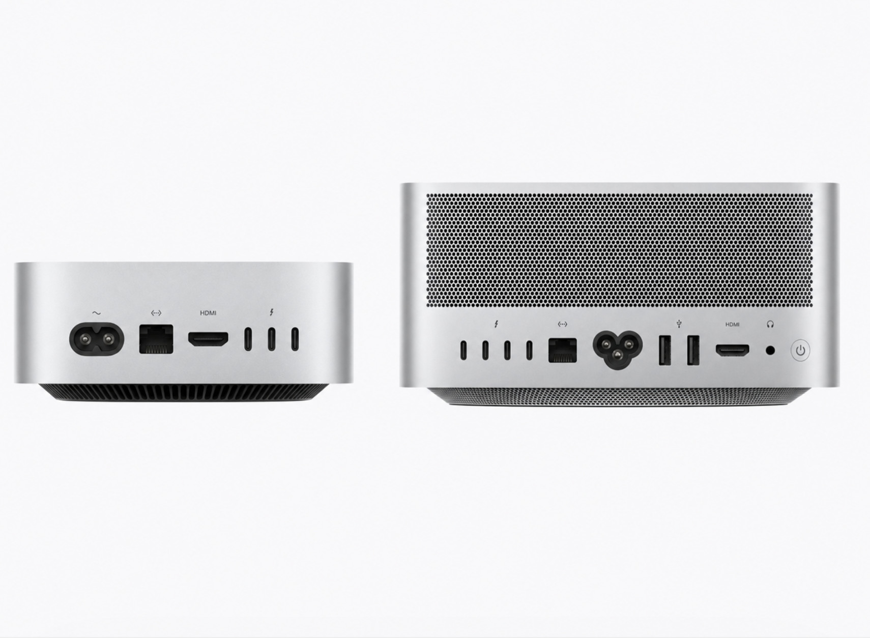 Rear ports on the M6 Mac mini and M5 Mac Studio compared side by side.