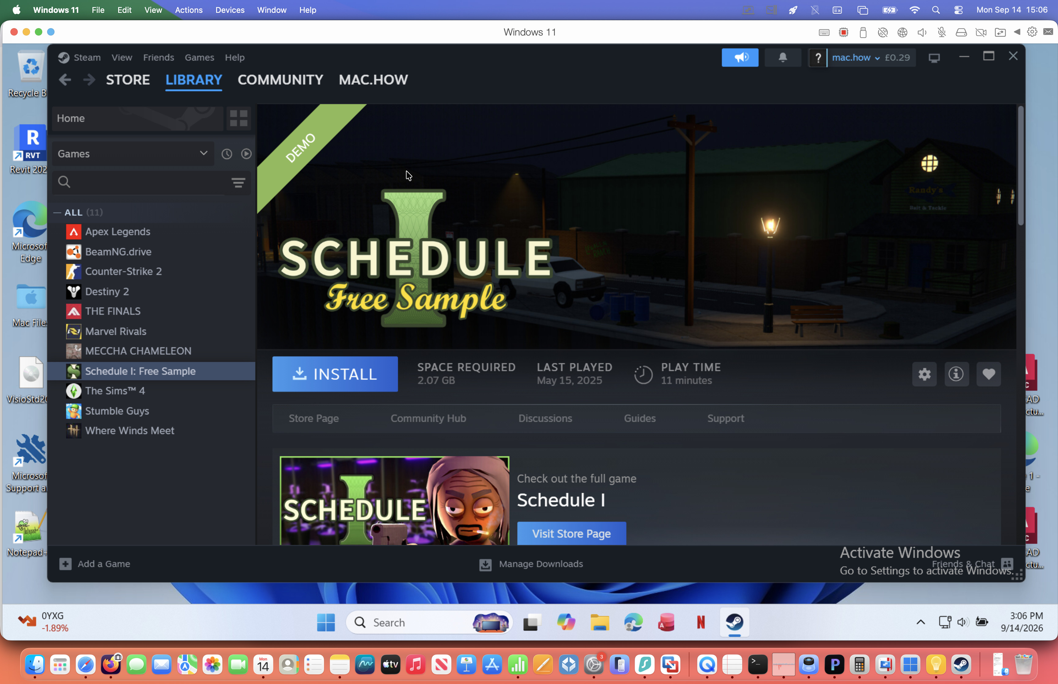 schedule 1 in steam on parallels for mac