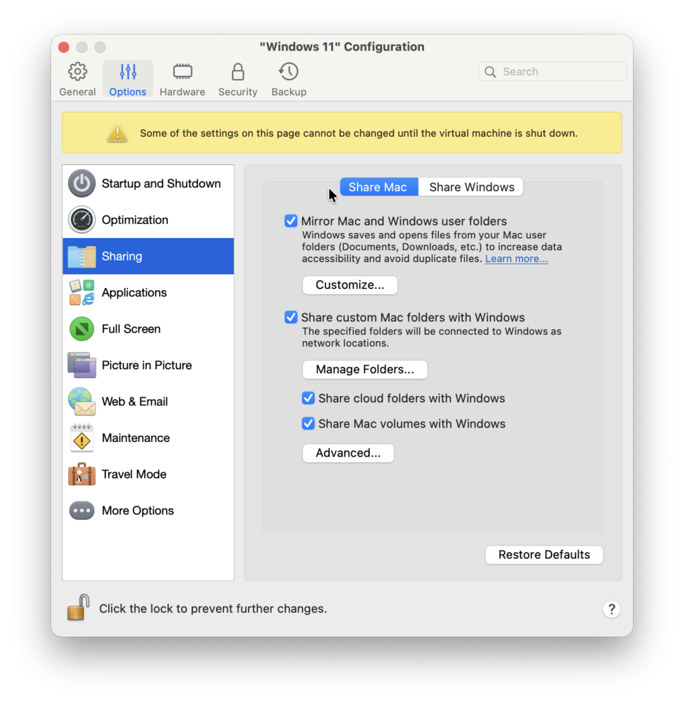setup shared folder parallels for mac